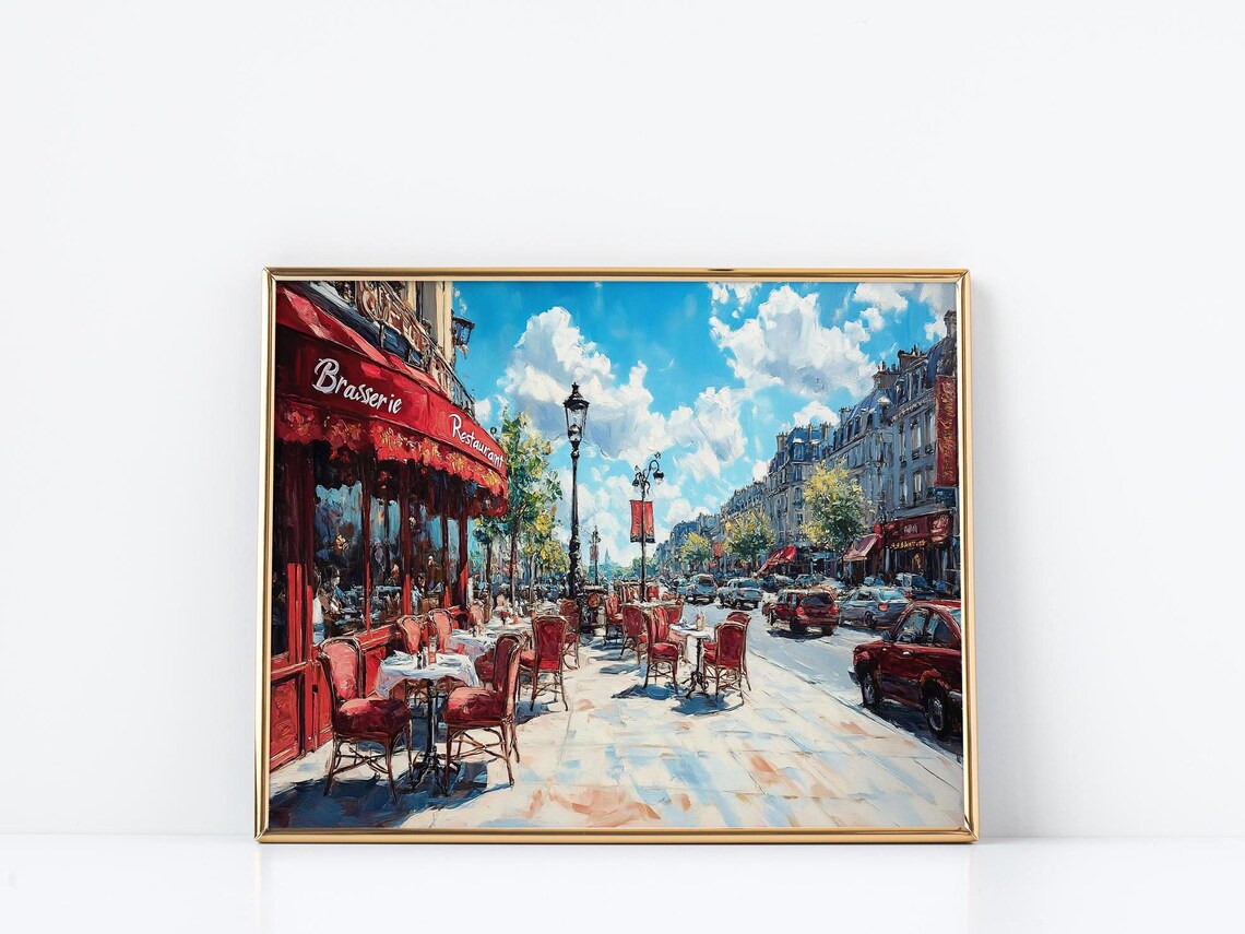 Paris Brasserie Terrace Sunny Day Boulevard Street Scene Poster