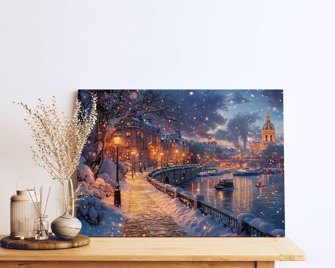 Paris Seine Quay Snowy Night Dome and Glowing Lamplights Poster - Image 2