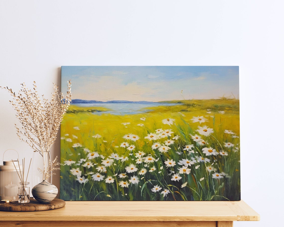 White Daisies Meadow Painting Yellow Field Lake Landscape Poster