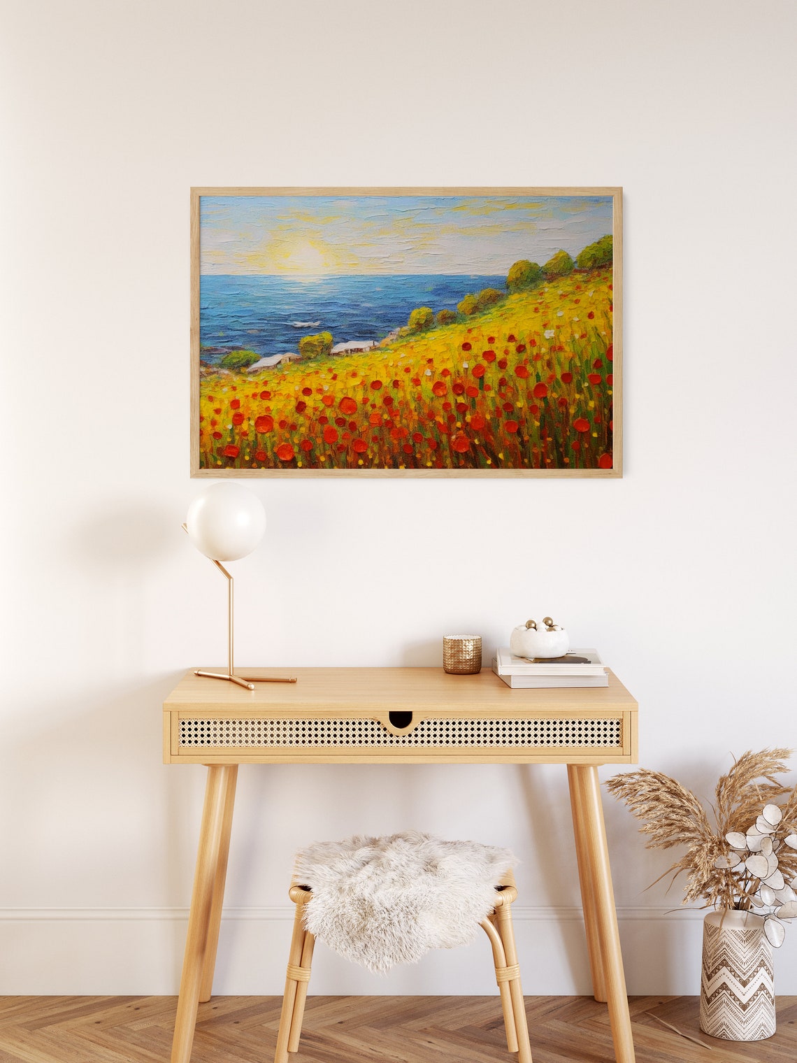 Red Painting Of Yellow Flowers Near The Ocean In The Style Of Impressionist Landscapes Colorful Wall Art Oil Painting - Image 2