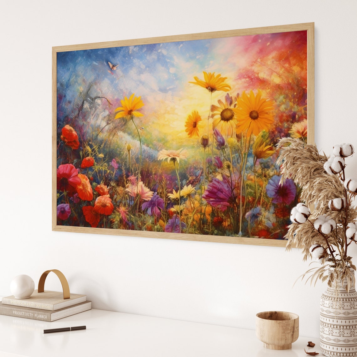Dreamy Wildflower Meadow With Sunflowers And Butterfly Art Poster - Image 3