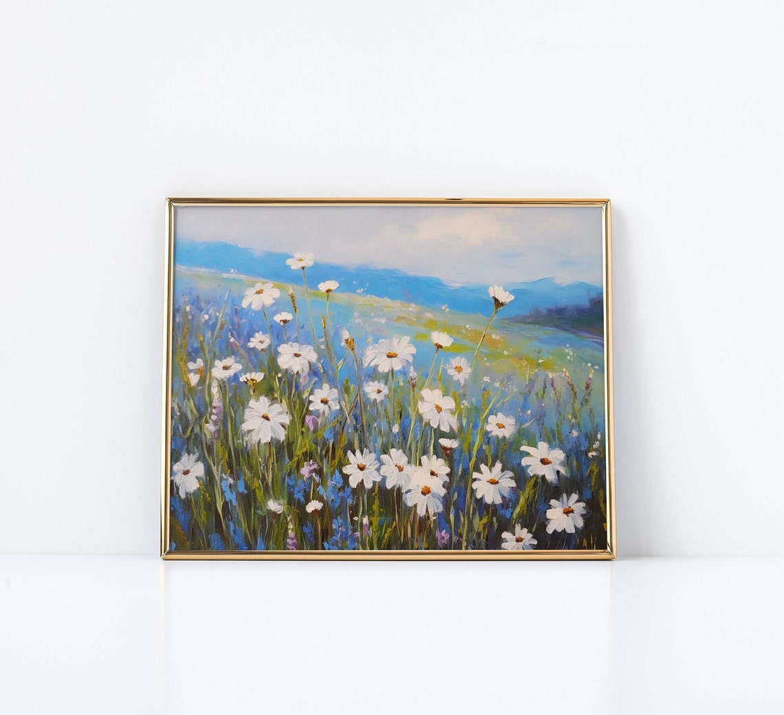 Wildflower Field Painting Blue Hazy Hills Bloom Landscape Poster - Image 2