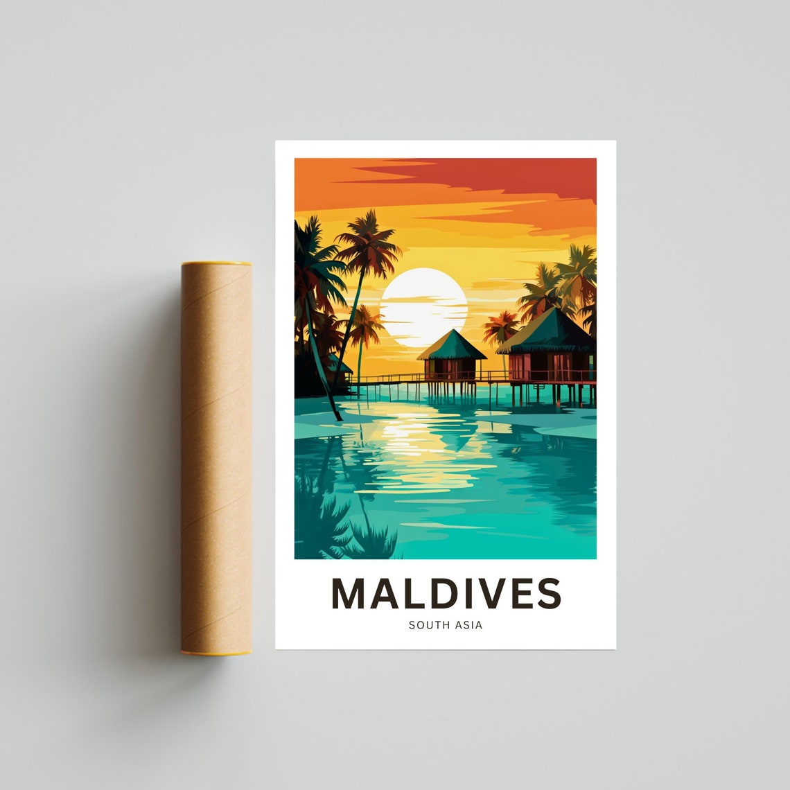 Maldives Tropical Sunset Overwater Huts Silhouette Travel Poster - Image 4