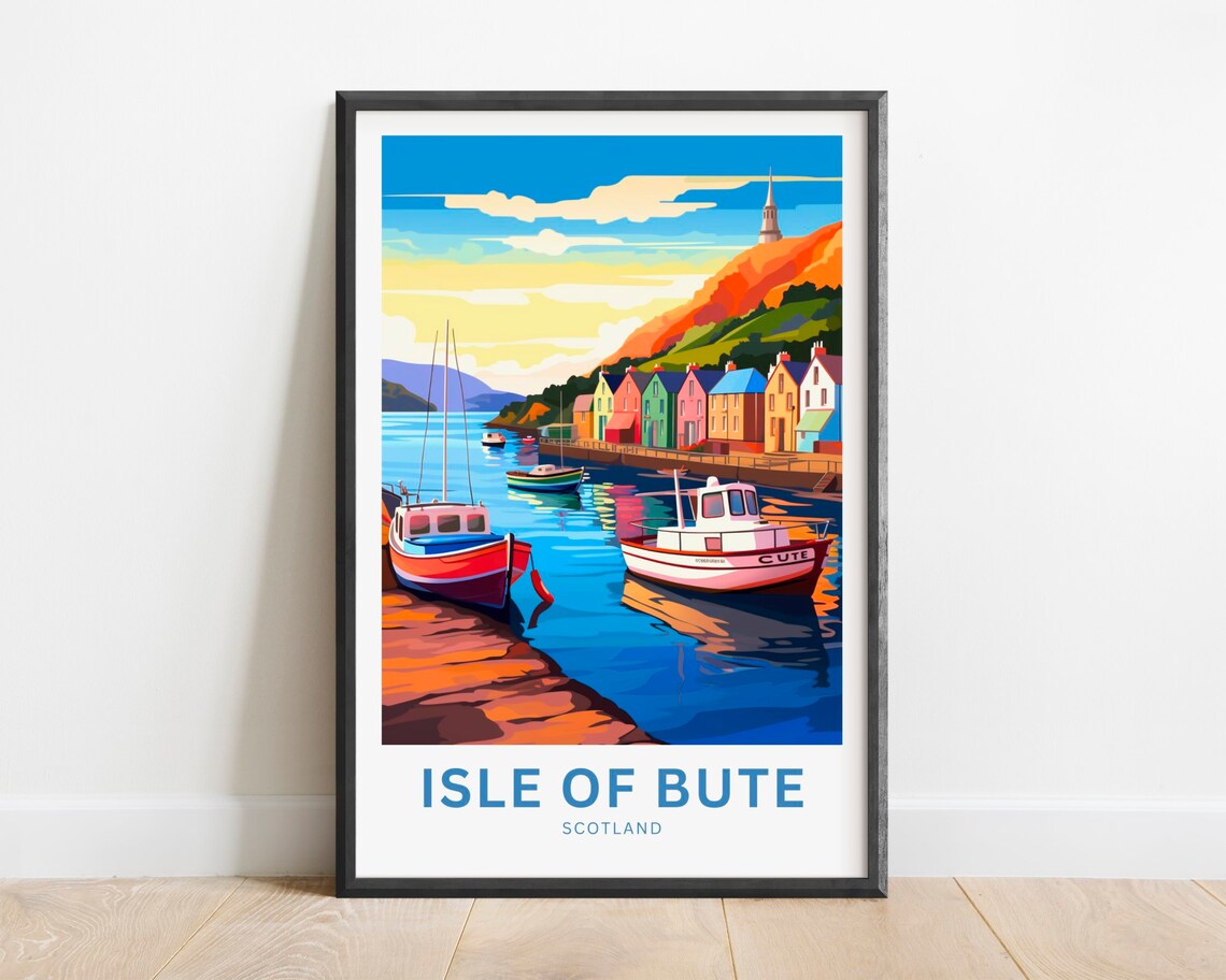 Isle Of Bute Scotland Colorful Harbor Village Boats Travel Poster