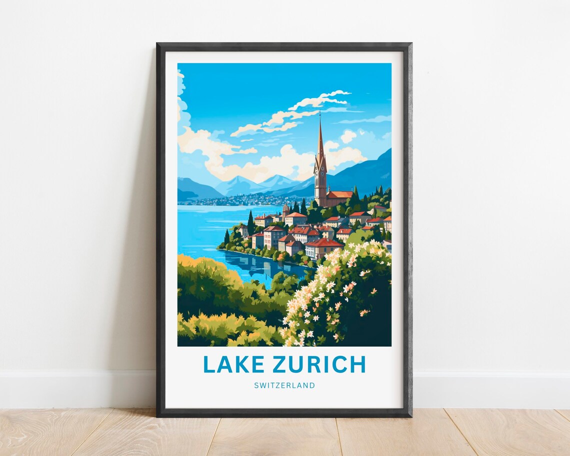 Lake Zurich Switzerland Lakeside Town Church Spire Hills Travel Poster