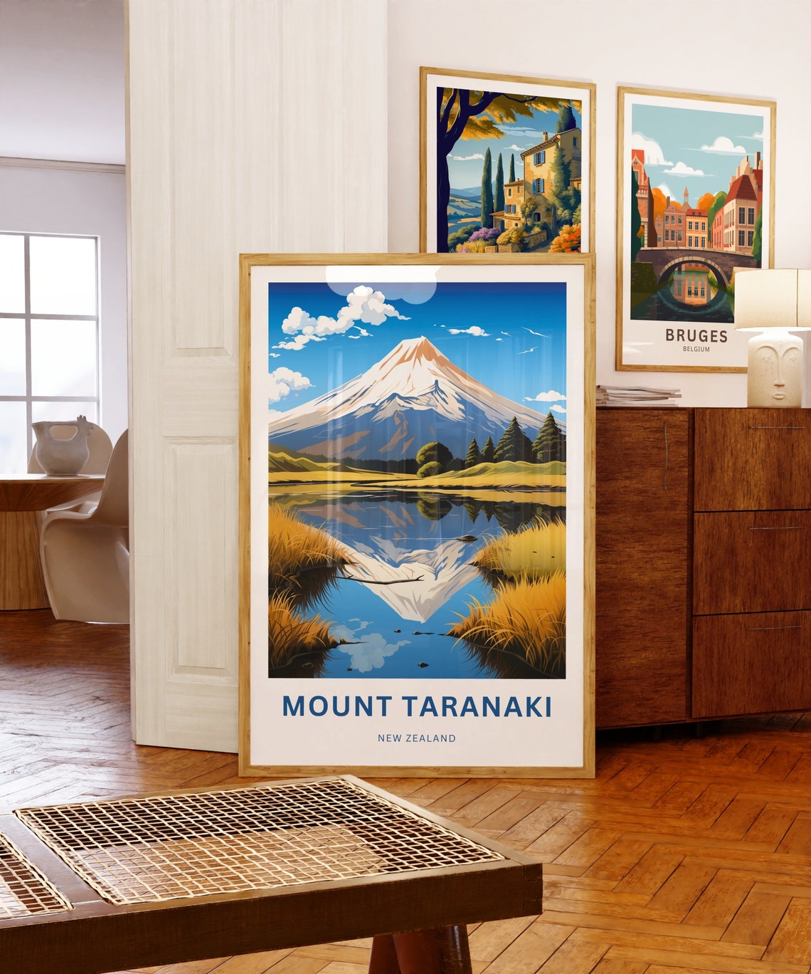 Mount Taranaki New Zealand Snow Peak Reflection Travel Poster - Image 5