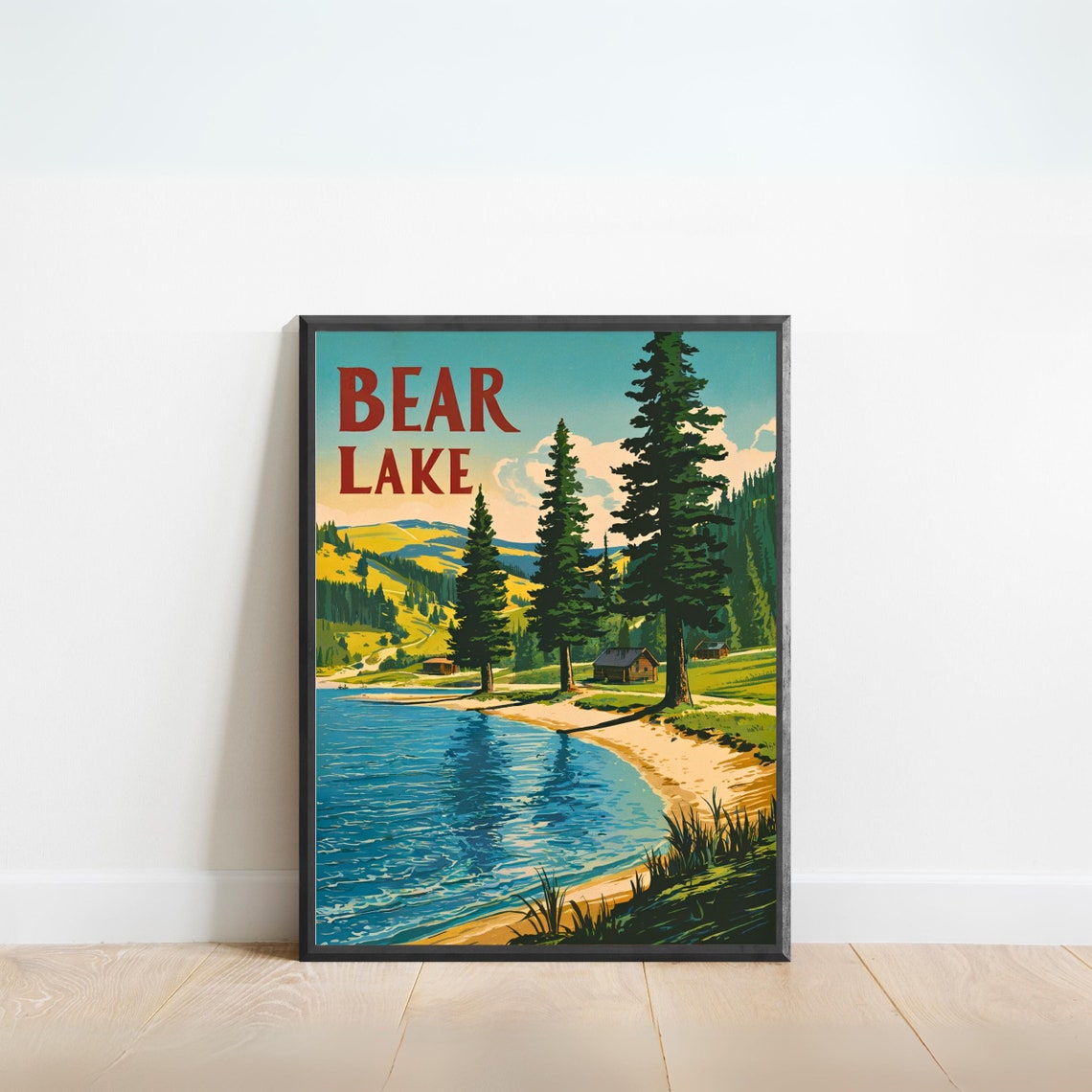 Bear Lake Vintage Lakeside Cabins Pine Forest Mountain Poster