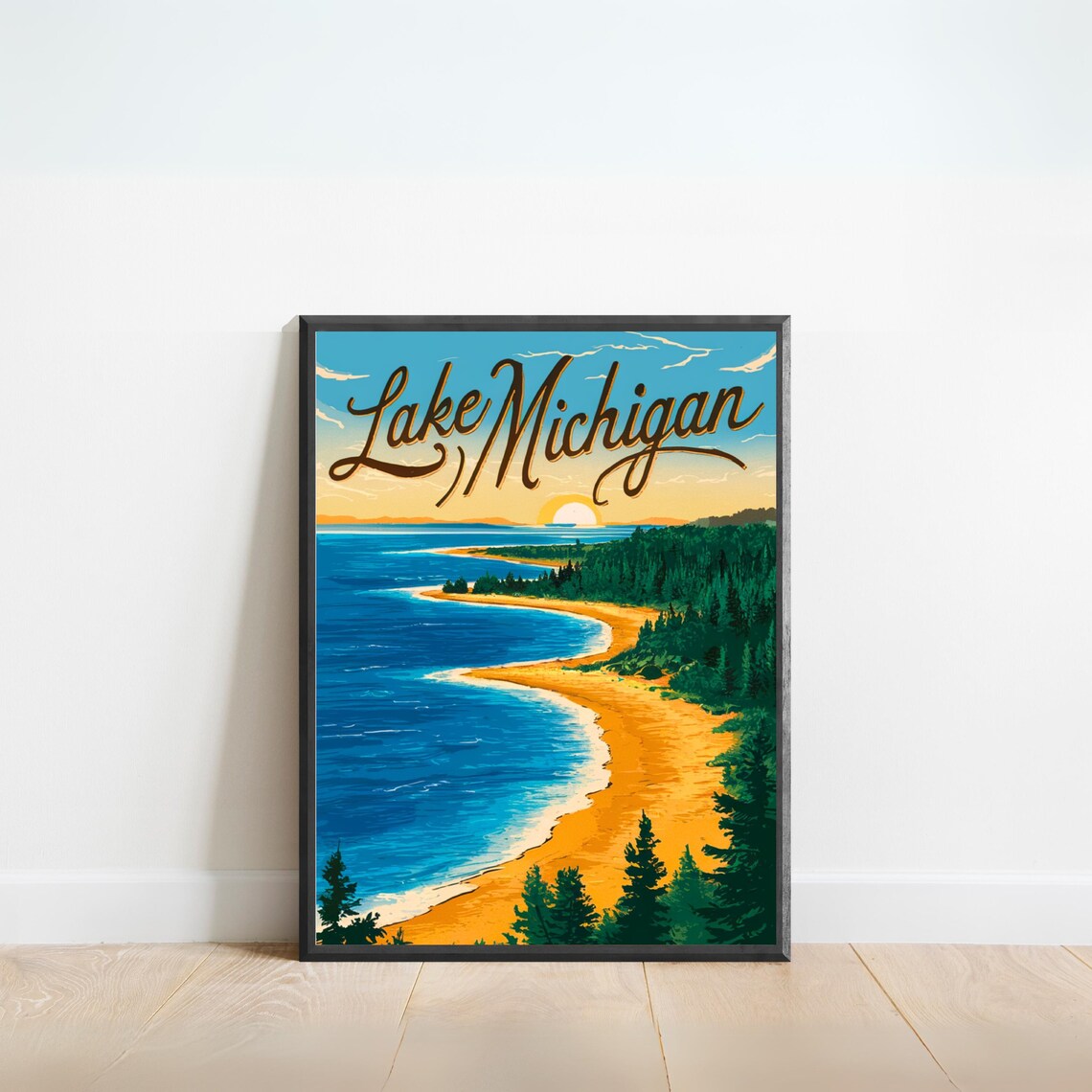 Lake Michigan Retro Travel Poster Sunset Shoreline Pine Forest Gift