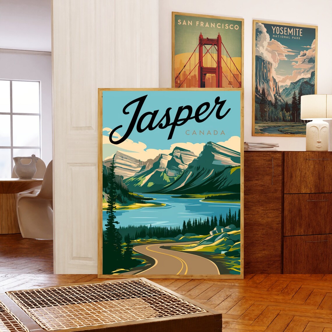 Jasper Canada Vintage Script Mountain Lake Road Travel Poster - Image 5