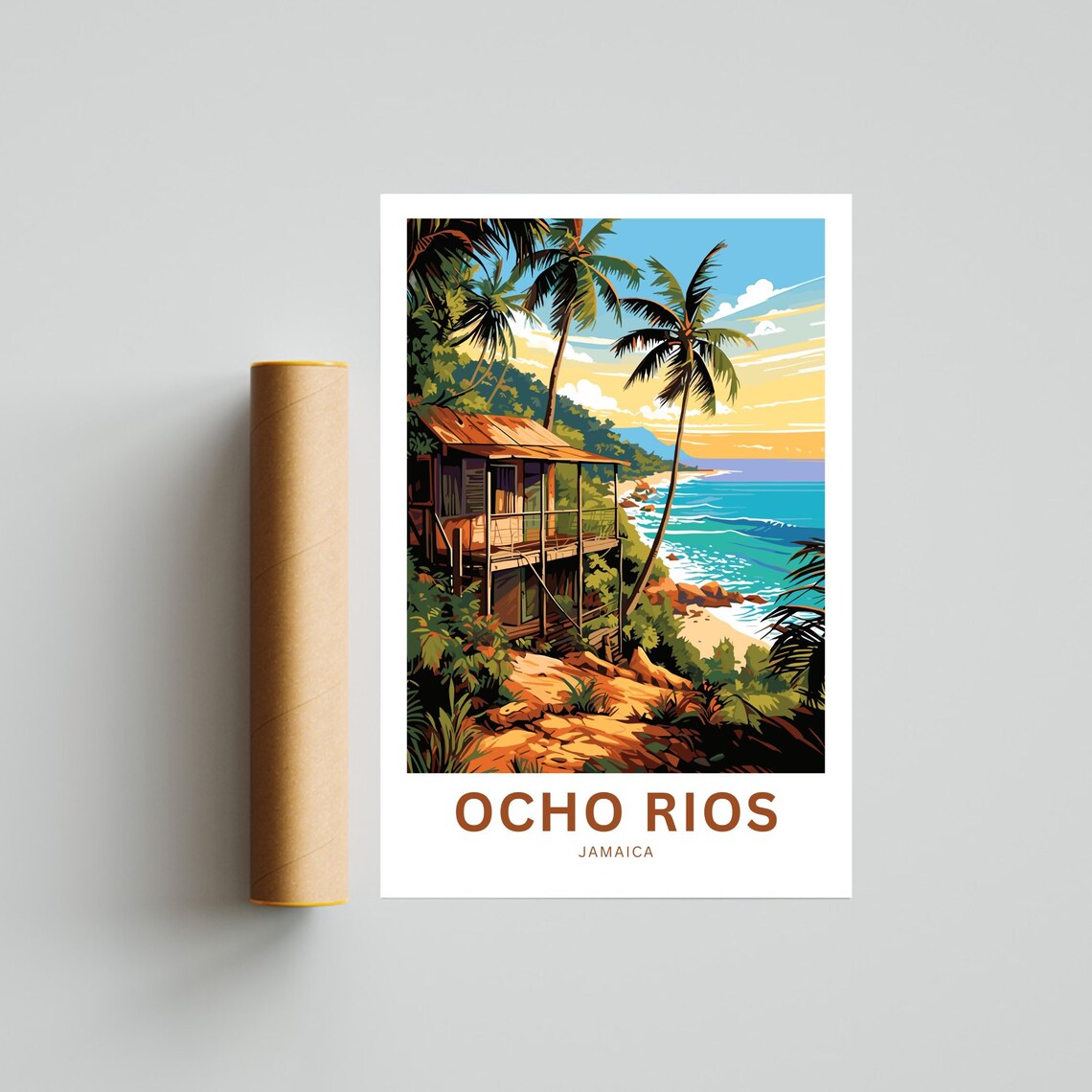 Ocho Rios Jamaica Cliffside Beach Hut Sunset Ocean Travel Poster - Image 4