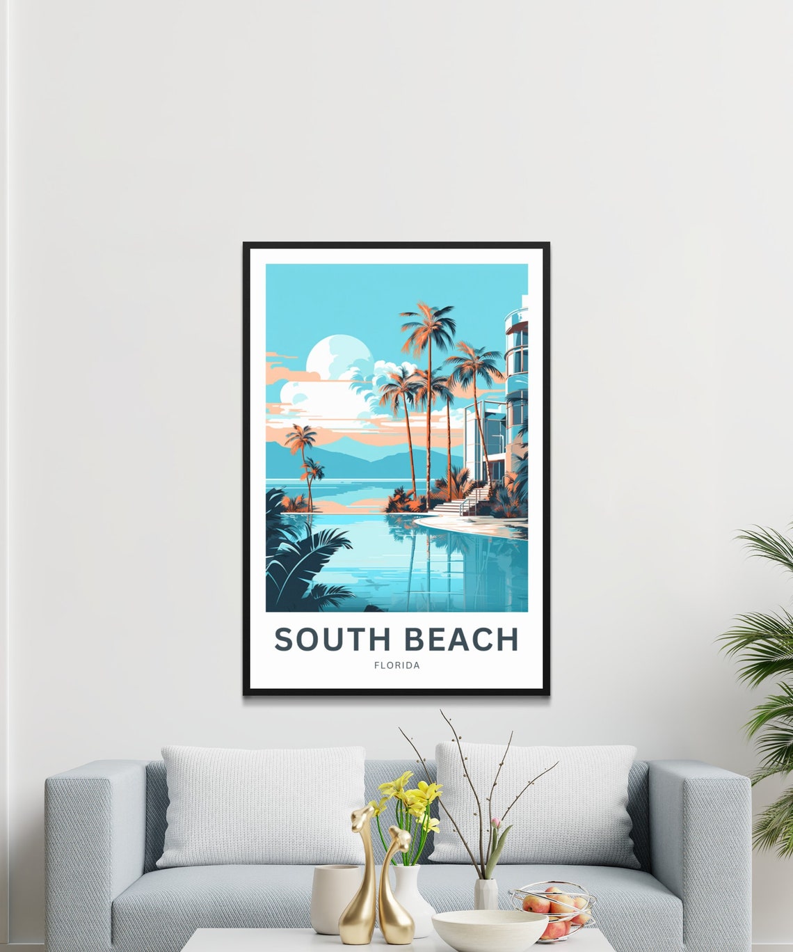 South Beach Florida Palm Tree Poolside Retro Illustrated Poster - Image 3