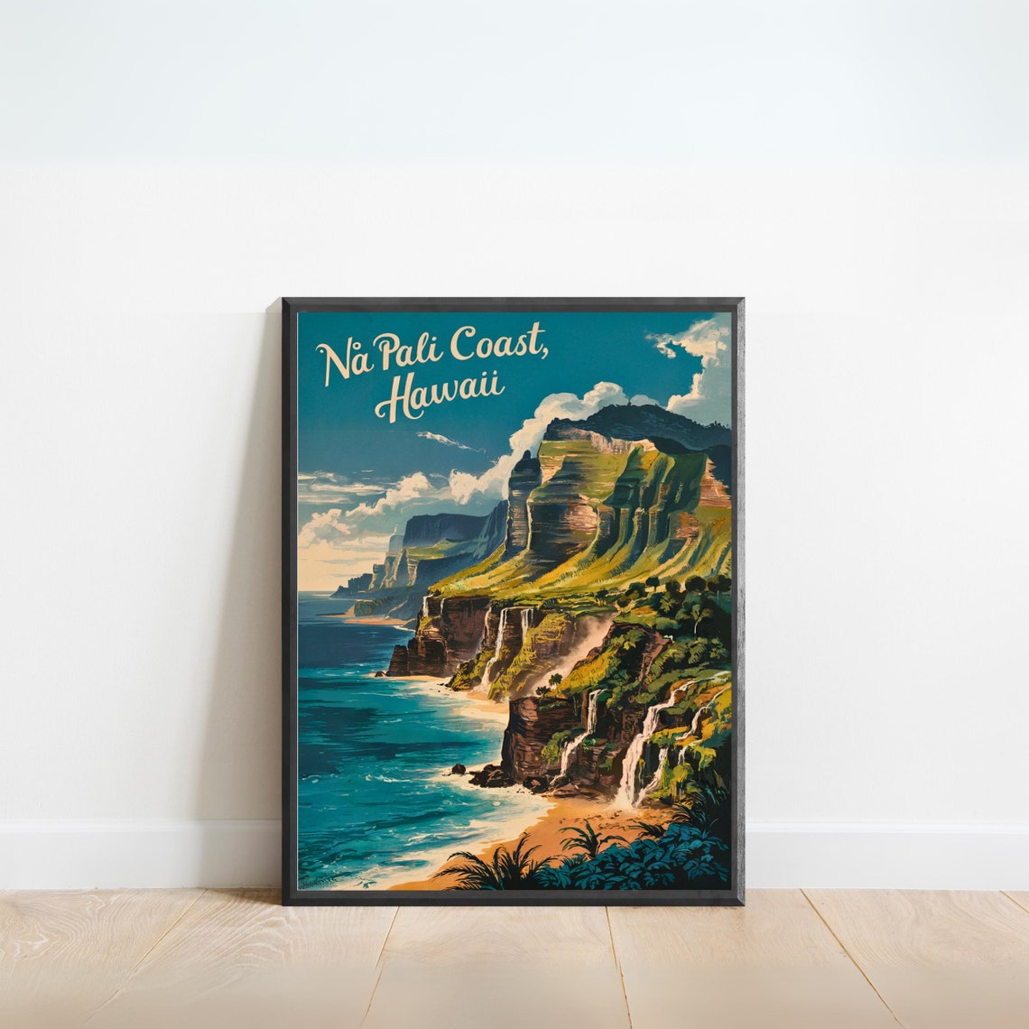 Na Pali Coast Hawaii Vintage Sea Cliffs Waterfall Dramatic Poster