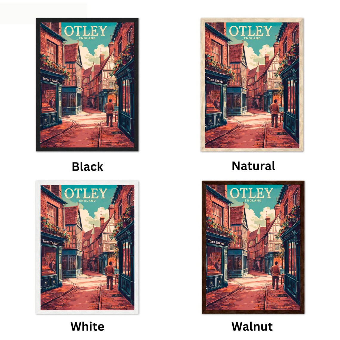 Otley England Historic Cobbled Street Shops Vintage Travel Poster - Image 4