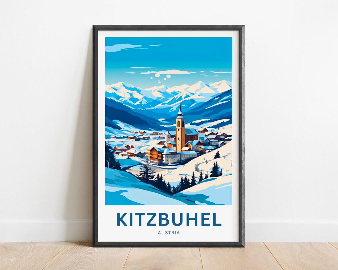 Kitzbuhel Austria Snowy Alpine Village and Church Winter Poster