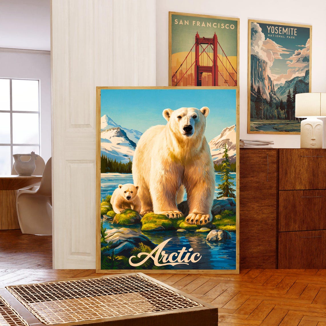 Arctic Polar Bear Cub Riverbank Script Lettering Travel Poster - Image 5