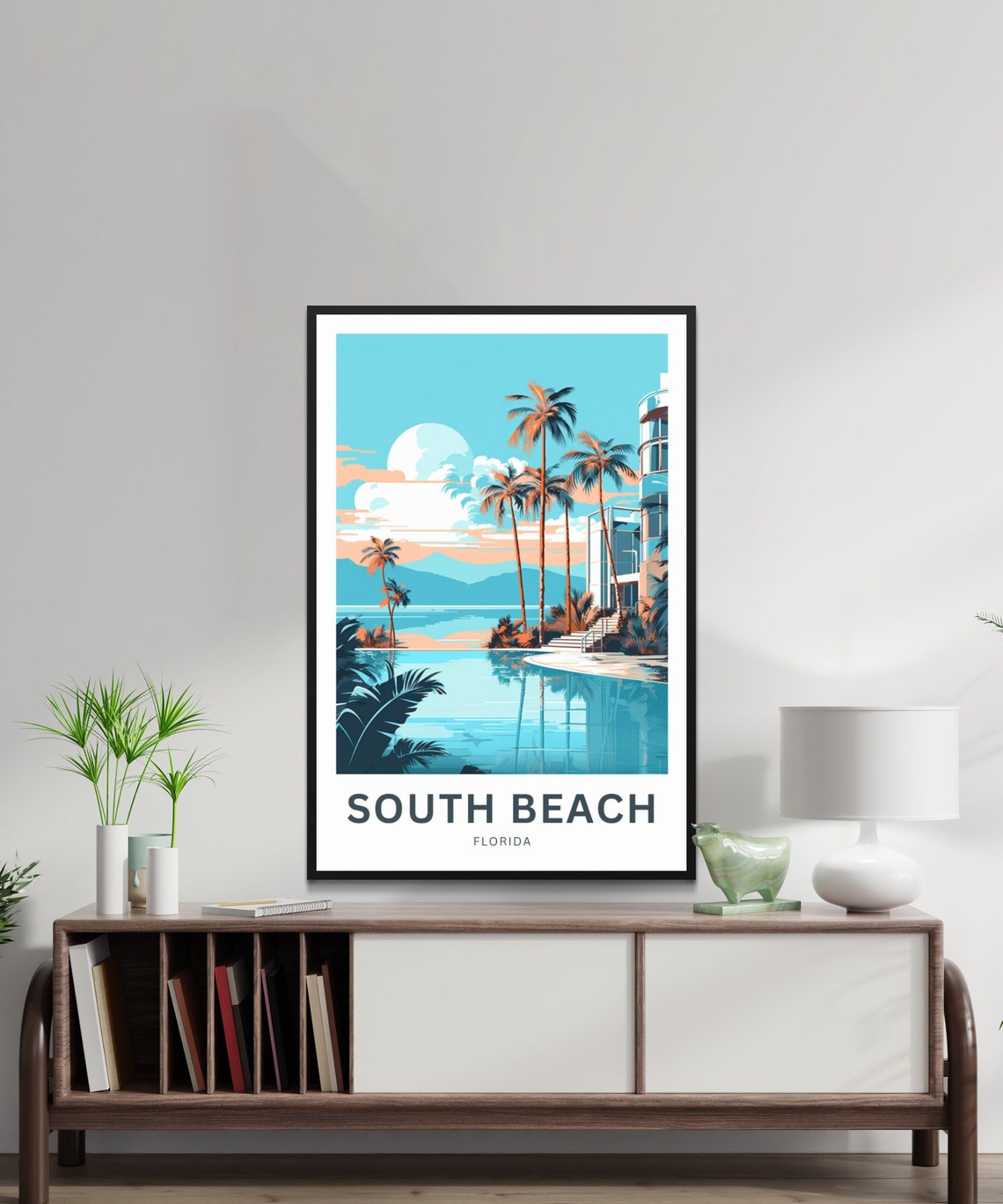 South Beach Florida Palm Tree Poolside Retro Illustrated Poster - Image 2