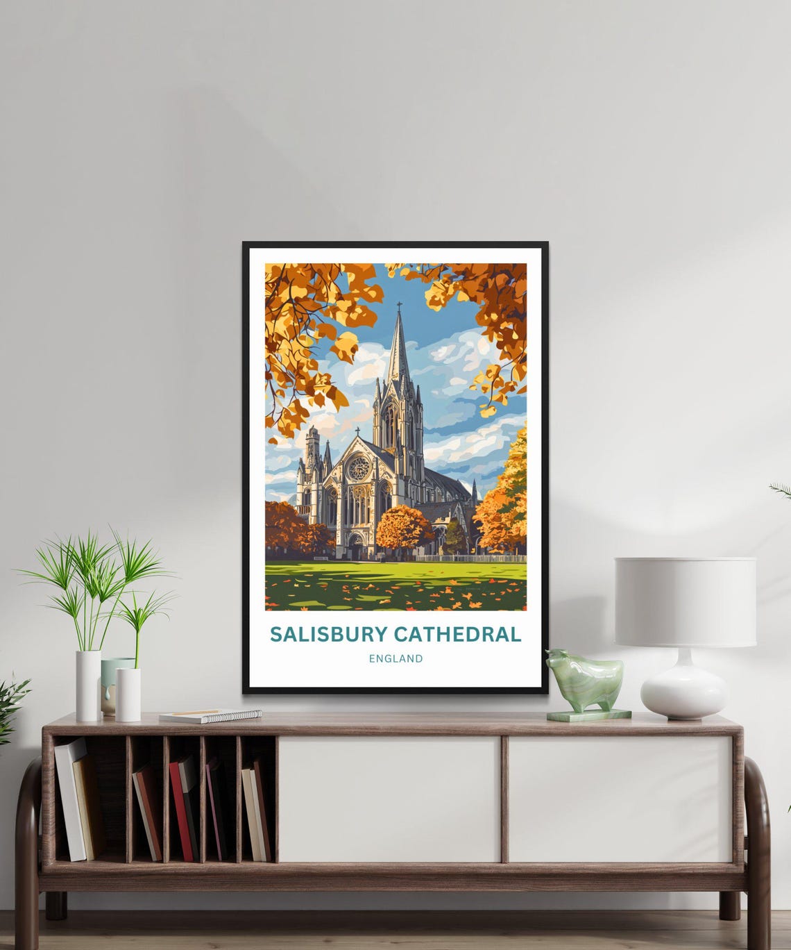 Salisbury Cathedral England Golden Autumn Foliage Art Poster - Image 3