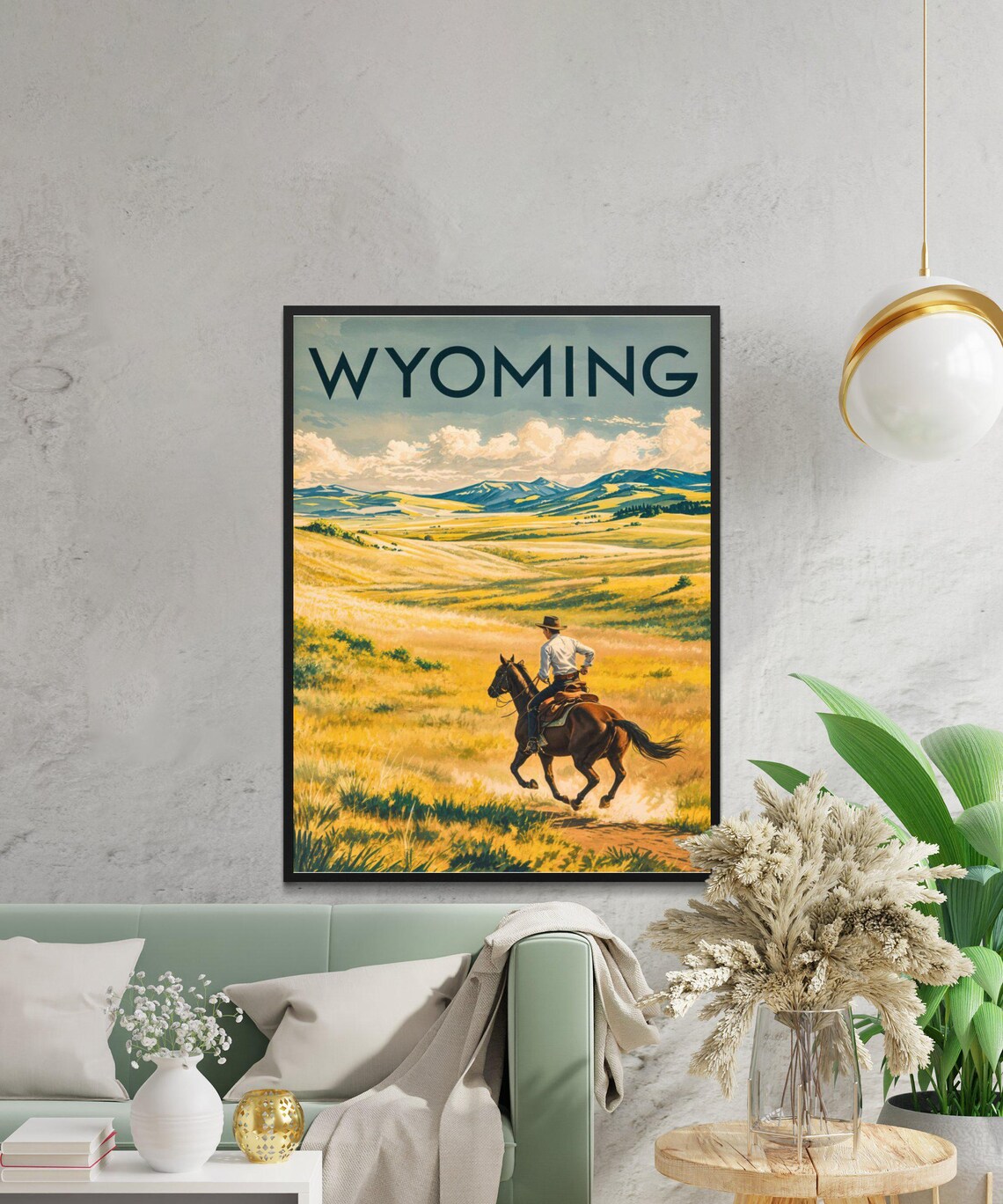 Wyoming Vintage Cowboy on Horseback Golden Plains Scene Travel Poster - Image 2