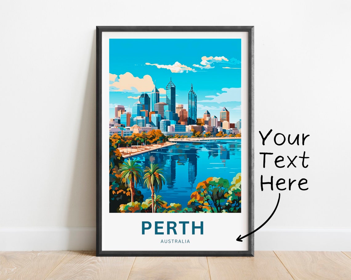 Perth Australia Skyline River Reflection Palm Trees Travel Poster