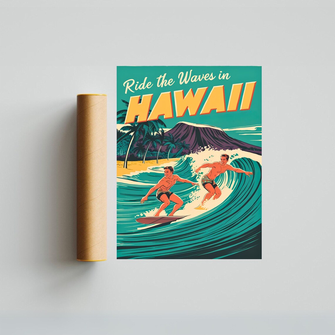 Ride the Waves in Hawaii Retro Surf Volcano Beach Vintage Poster - Image 4