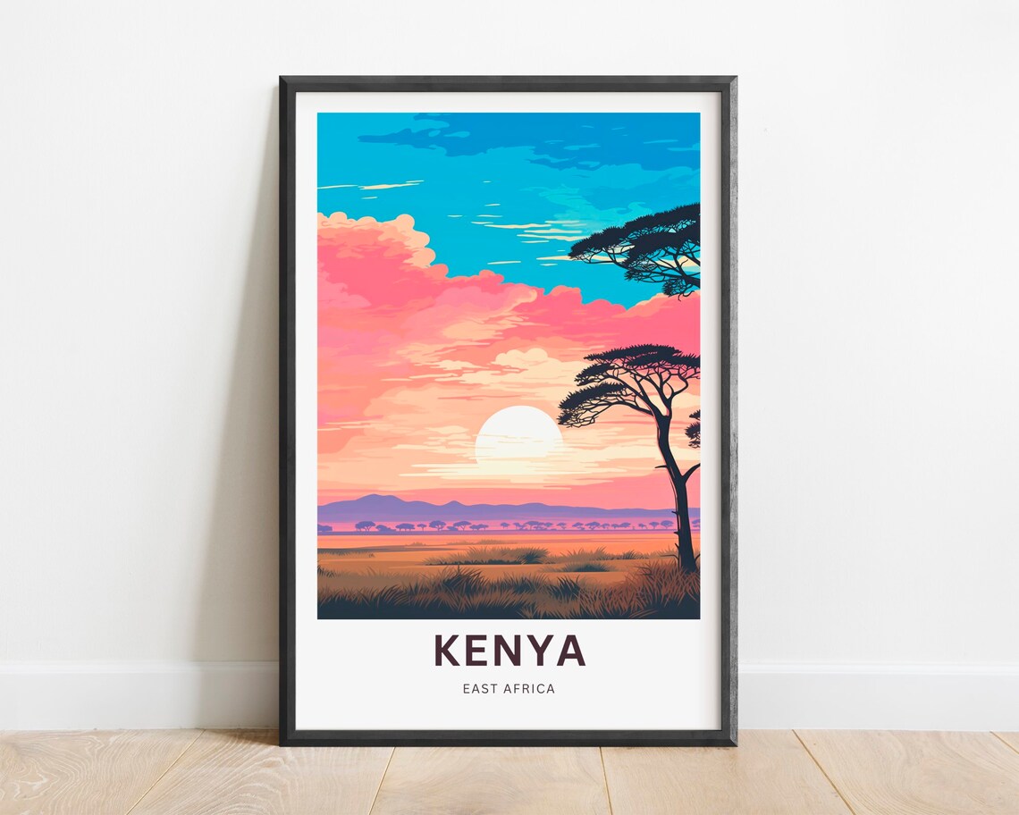 Kenya East Africa Savanna Sunset Acacia Tree Vintage Travel Poster