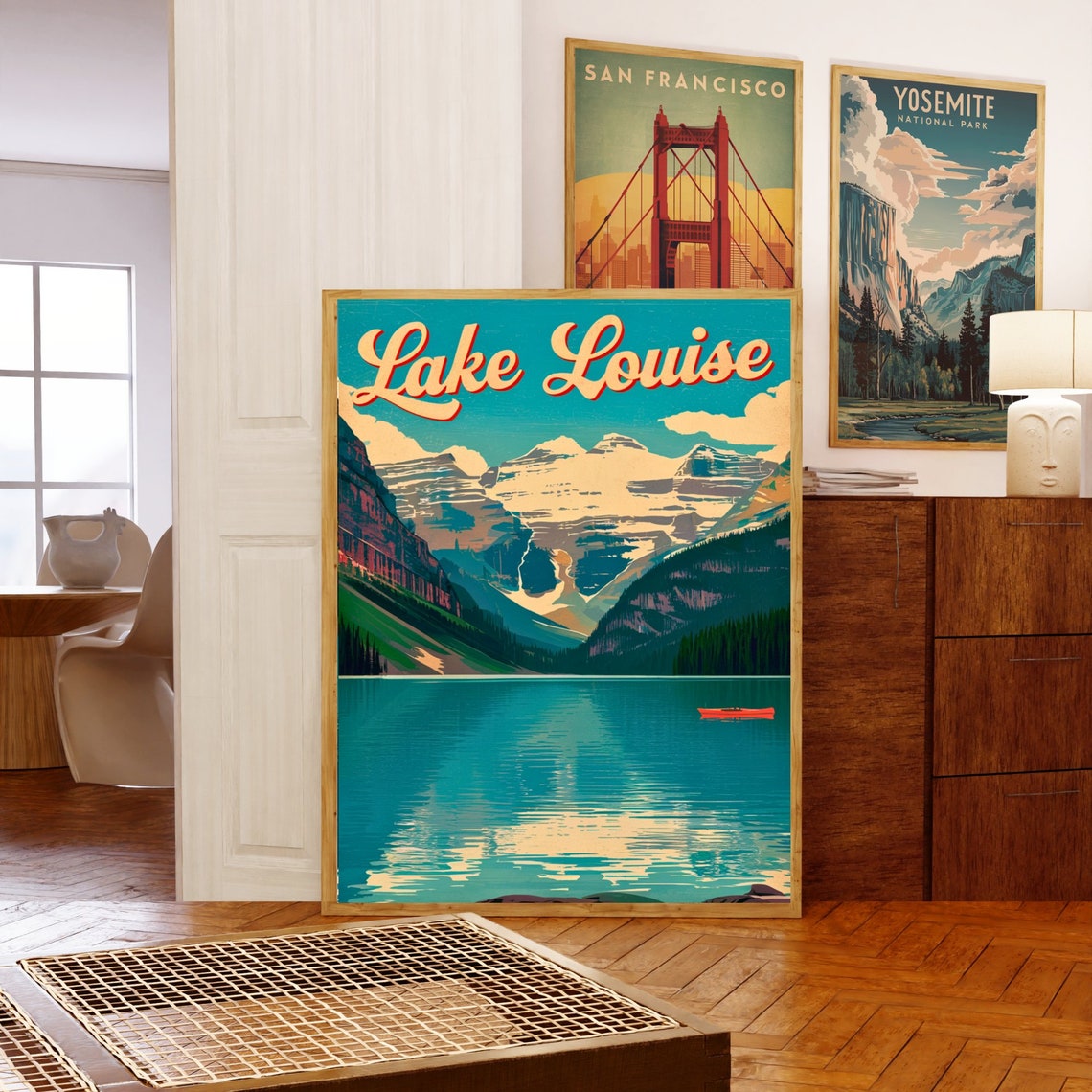 Lake Louise Red Canoe Turquoise Lake Glacier Peaks Vintage Poster - Image 5