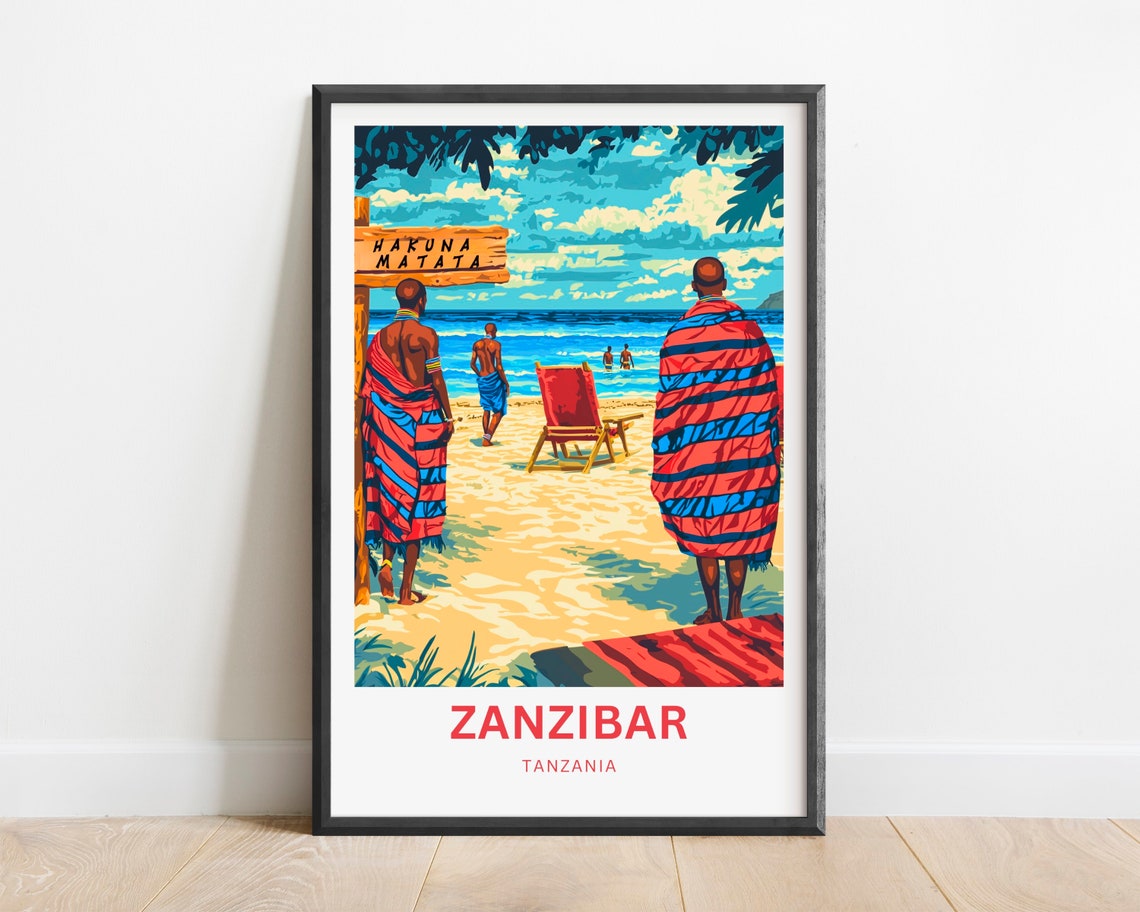 Zanzibar Tanzania Maasai Figures on Beach Under Hakuna Matata Poster