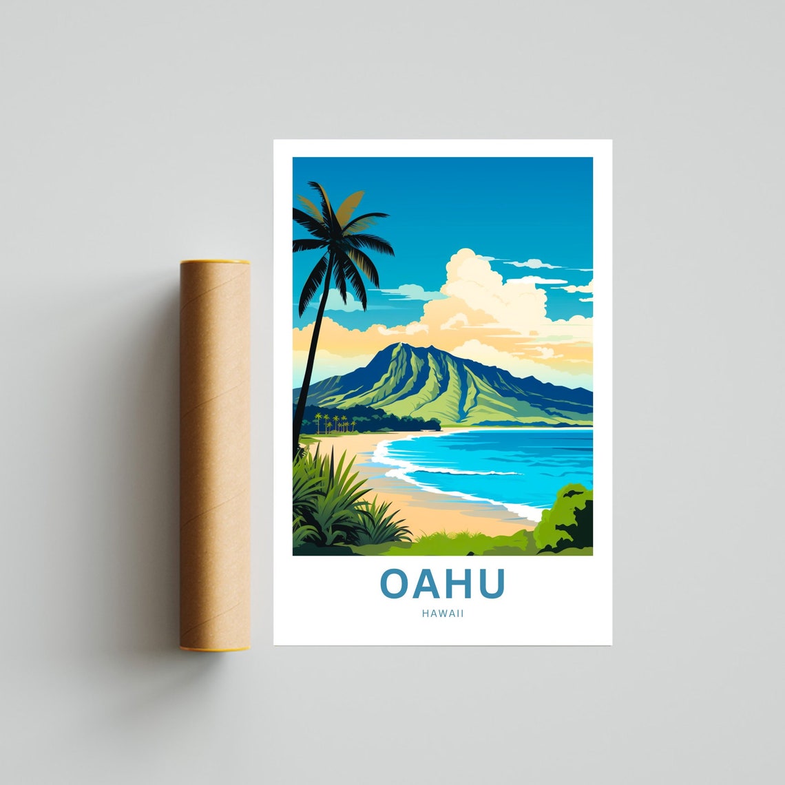 Personalized Oahu Hawaii Palm Silhouette Bay Beach View Poster - Image 4