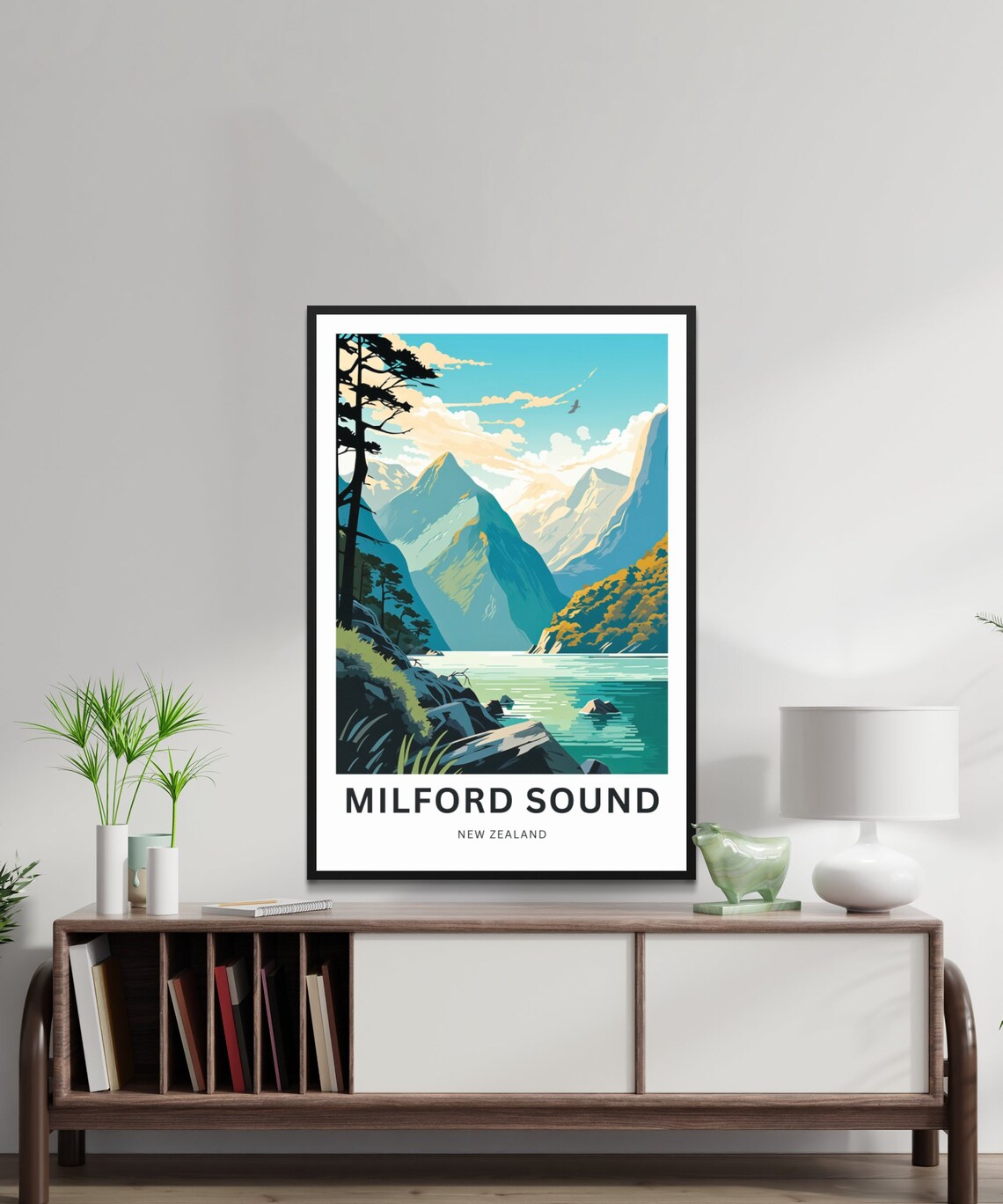 Milford Sound New Zealand Fjord Peaks Pine Tree Vintage Travel Poster - Image 2
