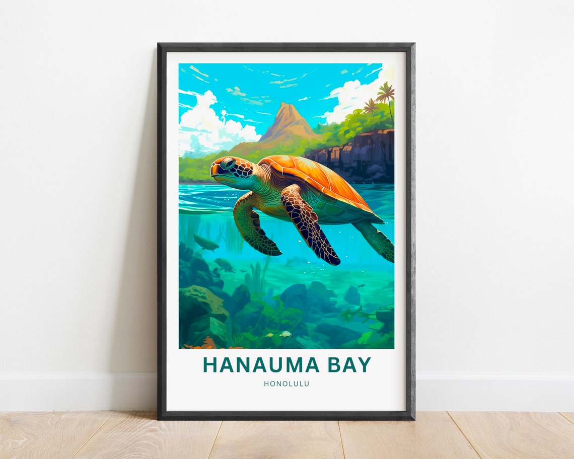 Hanauma Bay Honolulu Sea Turtle Reef Ocean Travel Illustration Poster
