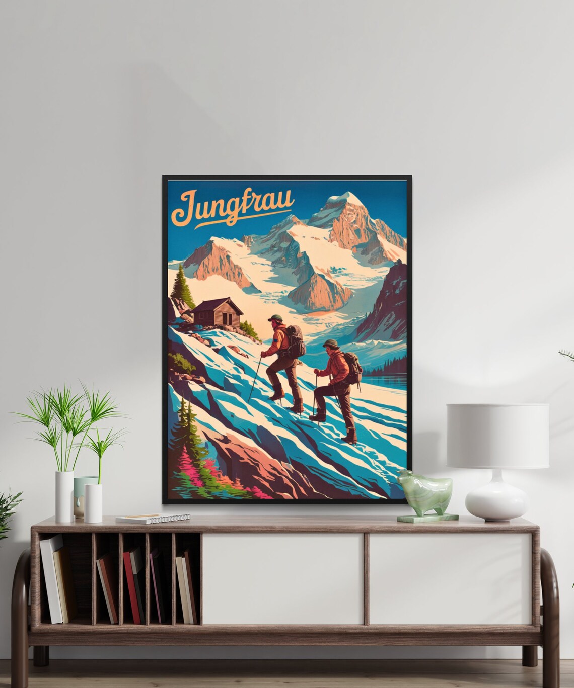 Jungfrau Switzerland Vintage Hikers Snowy Alps Travel Poster - Image 2