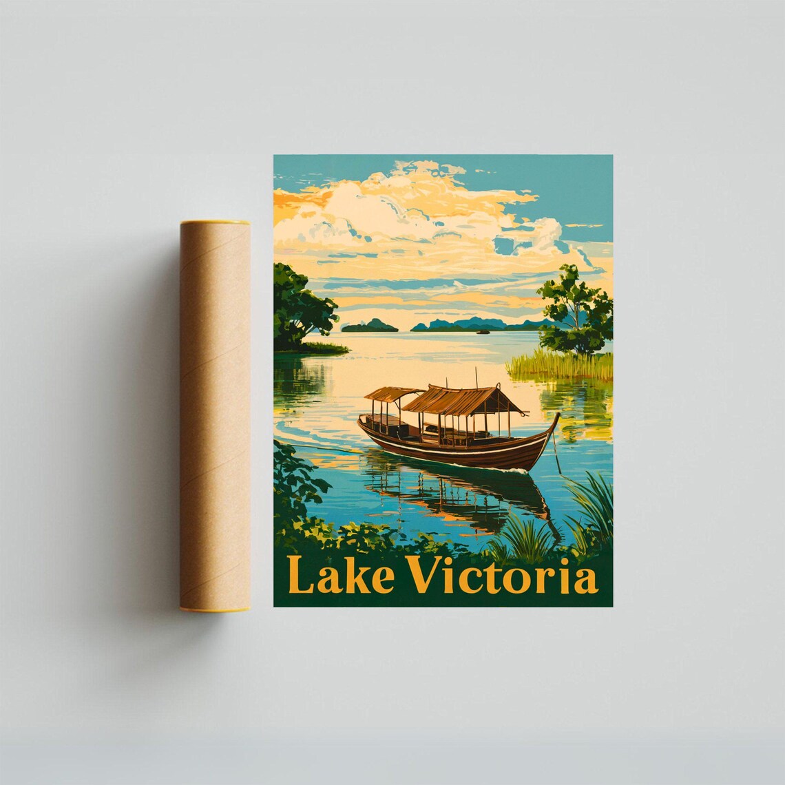 Lake Victoria Africa Thatched Boat Sunset Calm Water Travel Poster - Image 4
