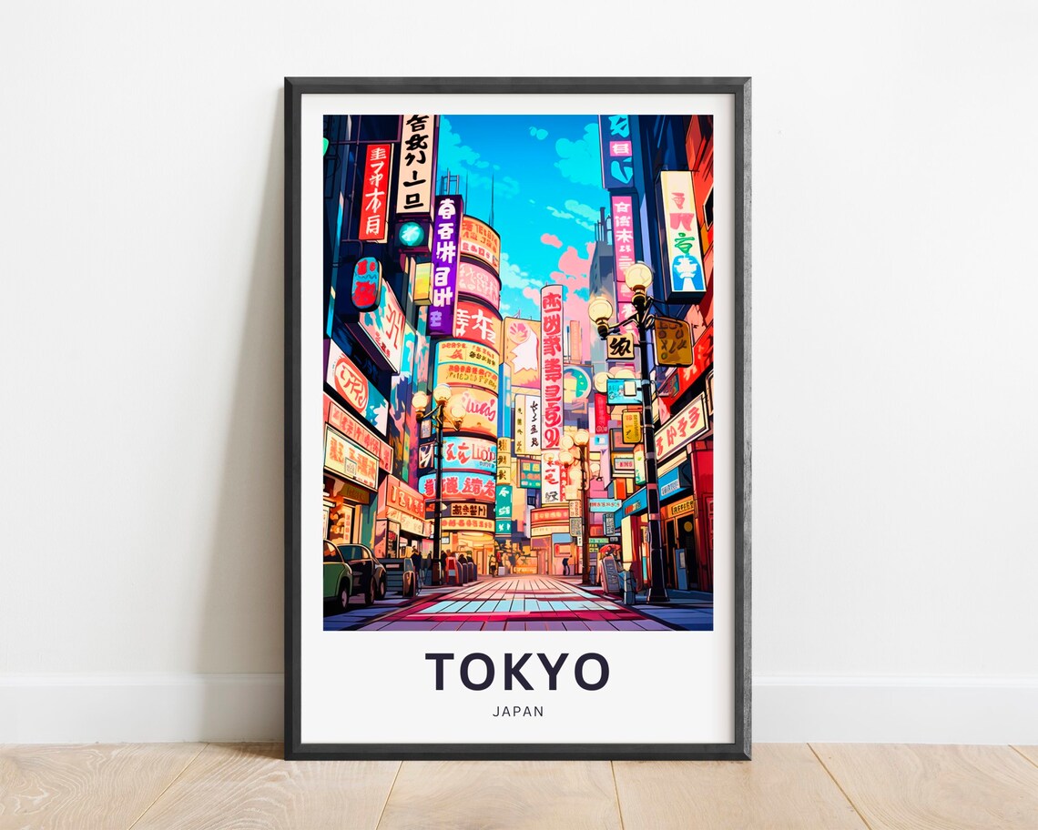 Tokyo Japan Travel Poster Neon Lit Street with Glowing Signboards