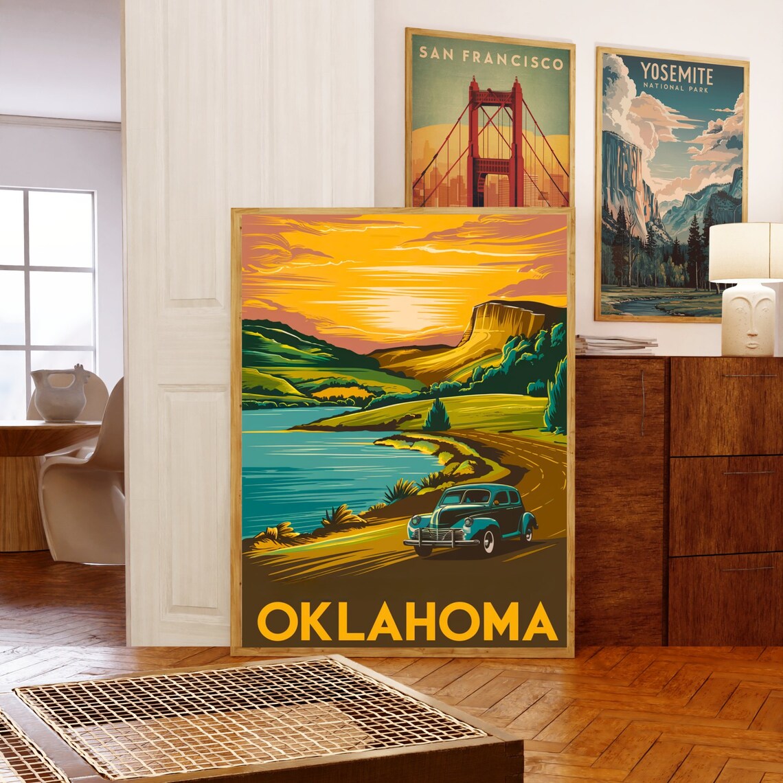 Oklahoma Vintage Car Lakeside Golden Sunset Road Travel Poster - Image 5