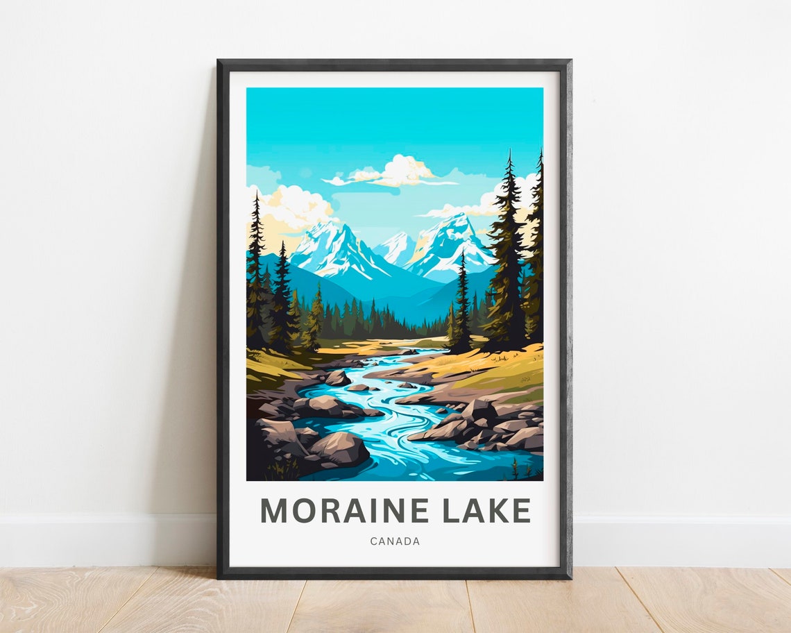 Moraine Lake Canada Mountain Stream Snowy Peaks Travel Poster