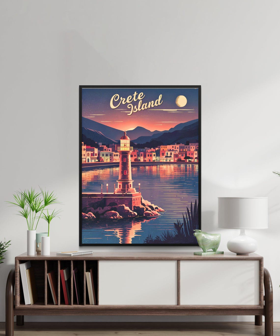 Crete Island Greece Moonlit Harbor Lighthouse Night Dreamy Poster - Image 4