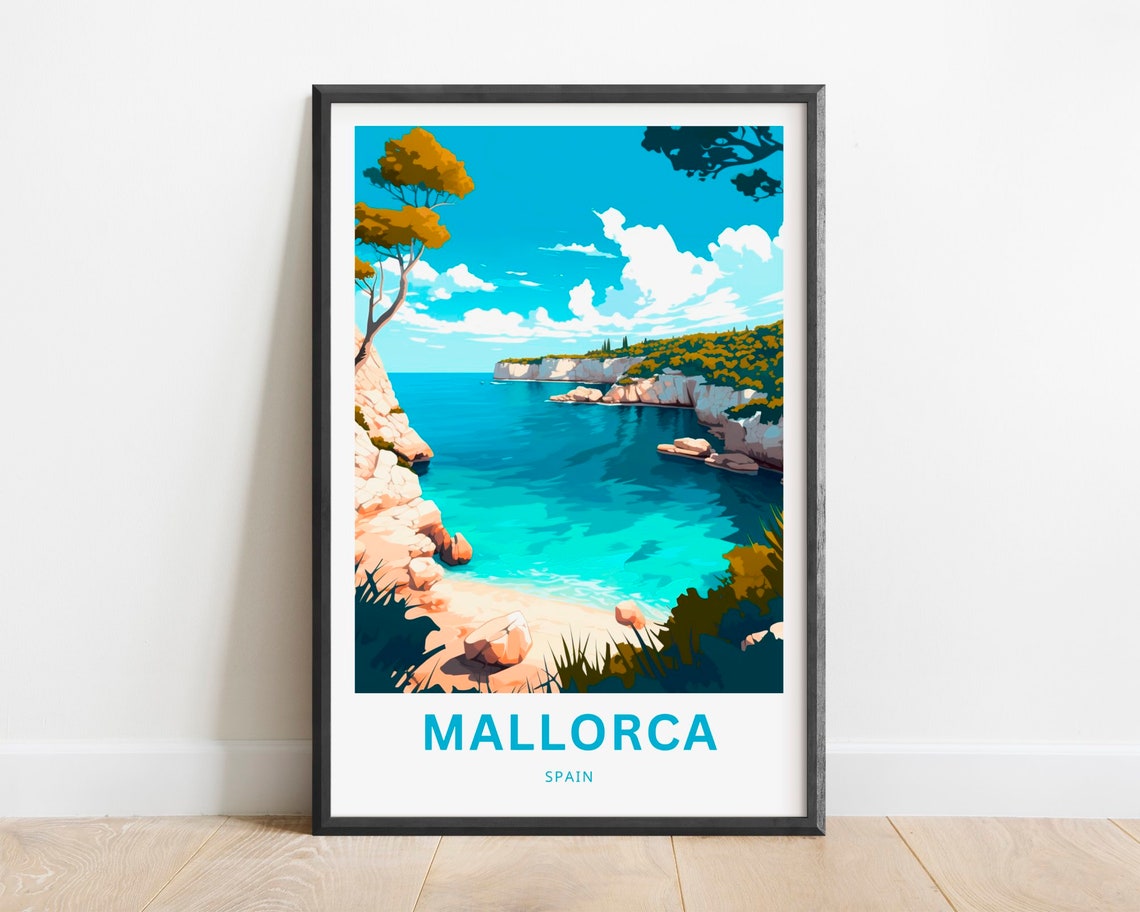 Mallorca Spain Travel Poster Turquoise Cove with Cliffs and Pines