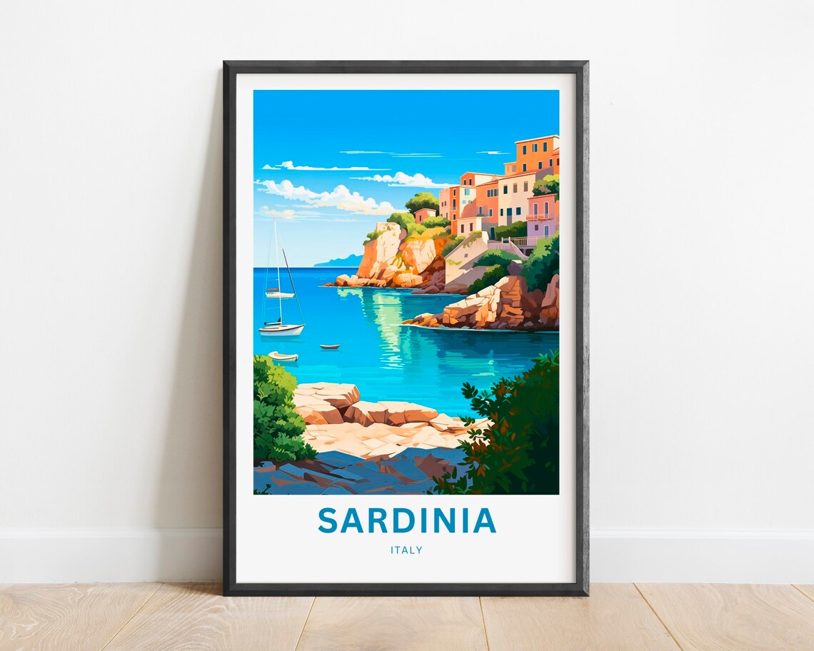 Sardinia Italy Sailboat Cove Turquoise Water Rocky Beach Travel Poster