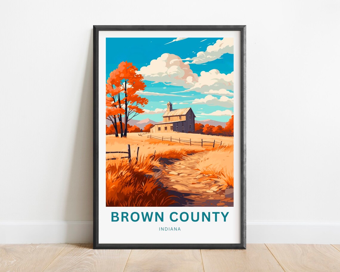 Brown County Indiana Autumn Barn Orange Trees Dirt Road Travel Poster