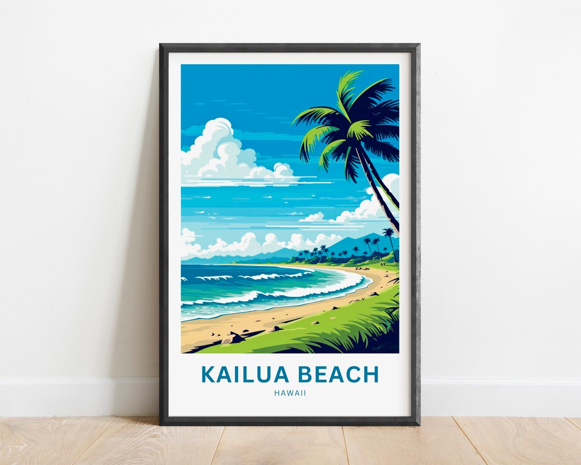 Kailua Beach Hawaii Palm Tree Ocean Waves Mountains Travel Poster