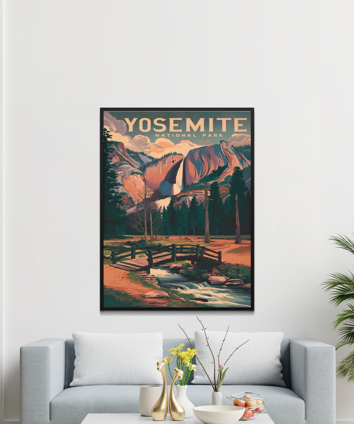 Yosemite National Park Retro Poster with Waterfall Bridge and Sunset