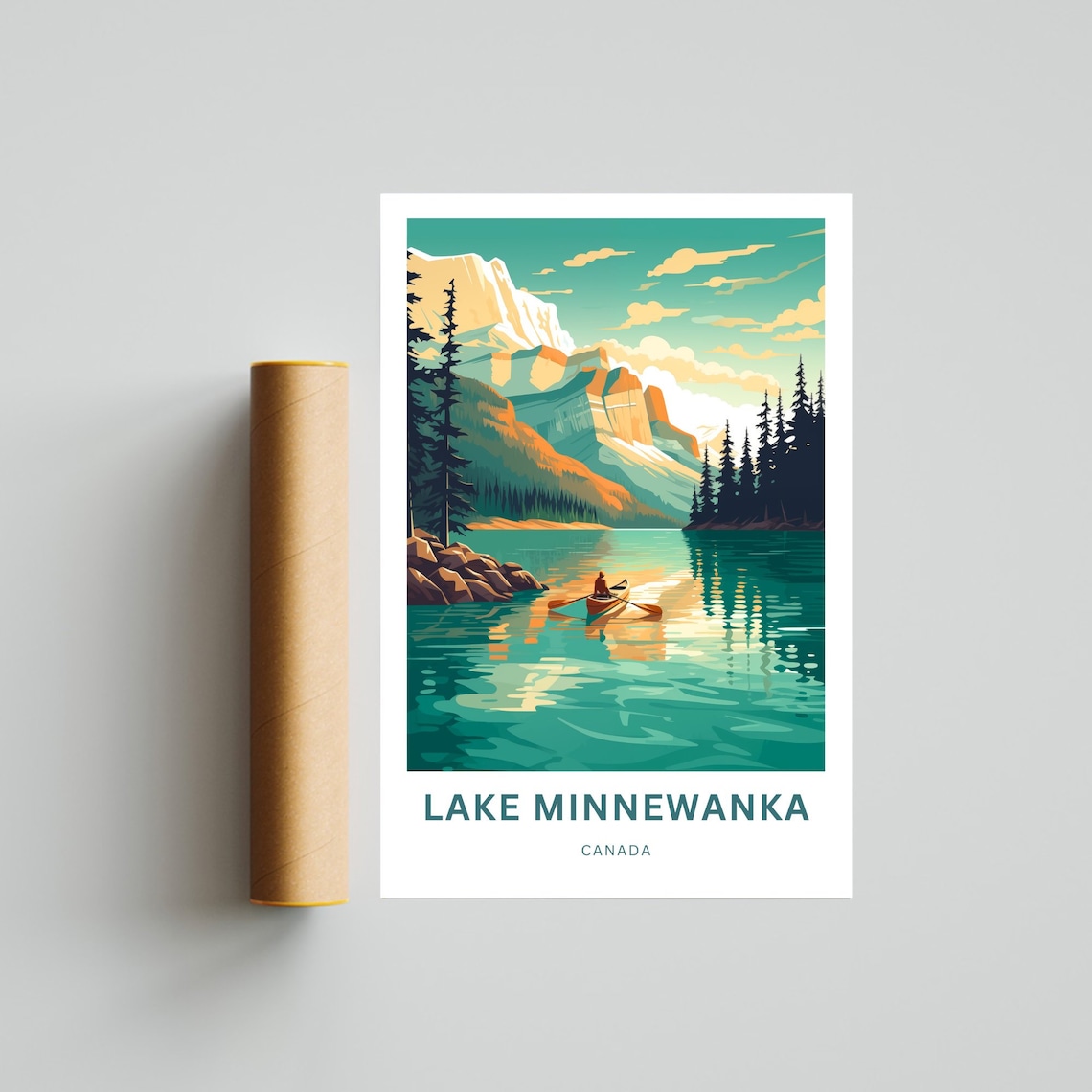 Lake Minnewanka Canada Canoe Turquoise Lake Mountain Travel Poster Art - Image 4