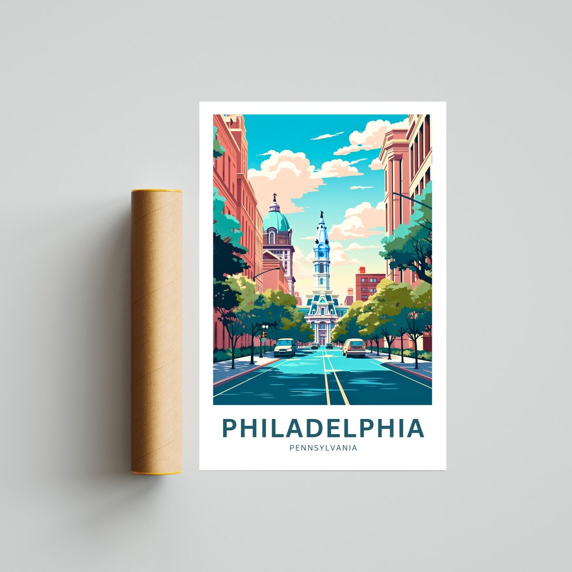 Philadelphia Pennsylvania City Hall Blue Sky Street View Poster - Image 4