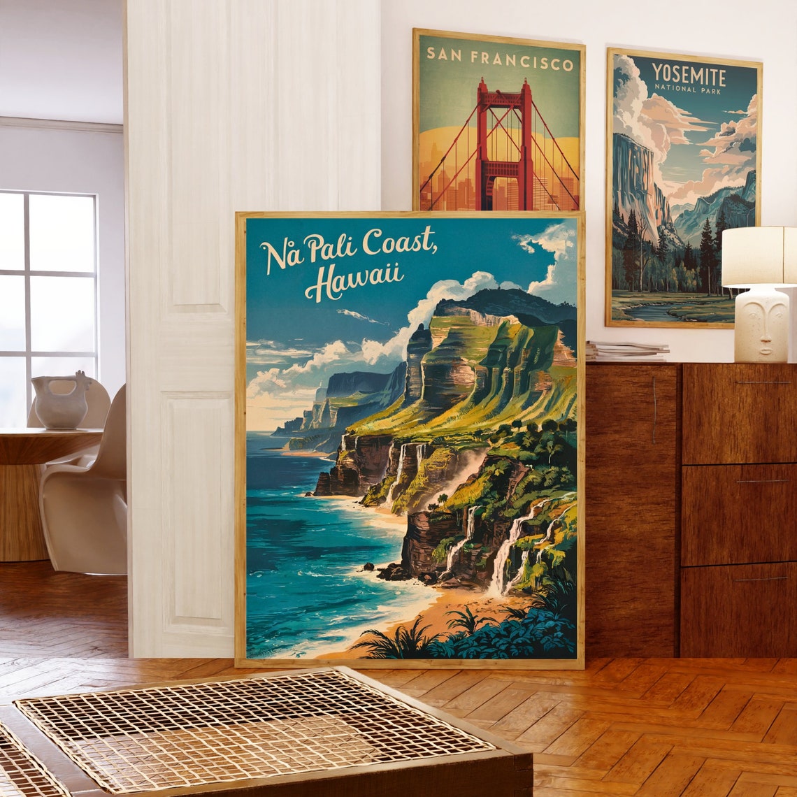 Na Pali Coast Hawaii Vintage Sea Cliffs Waterfall Dramatic Poster - Image 5