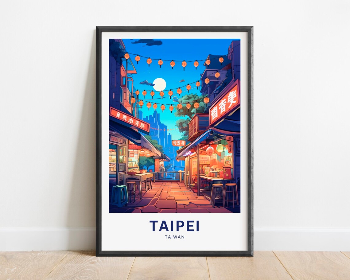 Taipei Taiwan Travel Poster Moonlit Night Market with Red Lanterns