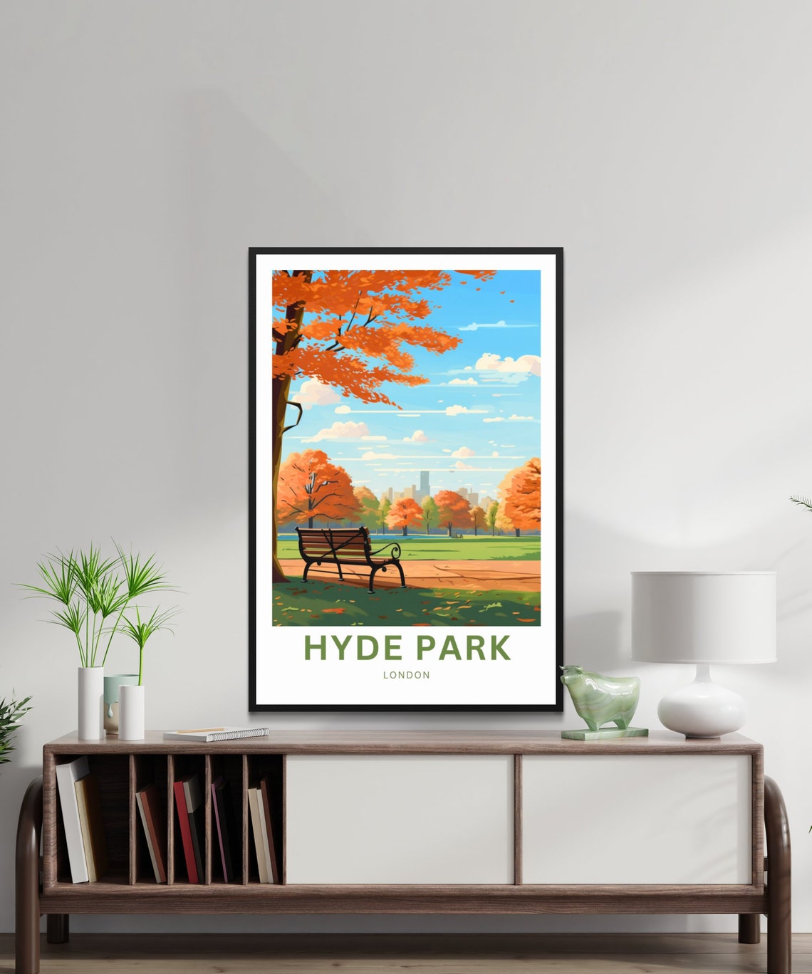 Hyde Park London Autumn Bench Park Scene Fall Color Travel Poster - Image 2