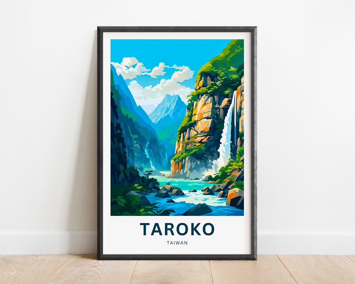 Taroko Taiwan Towering Gorge Waterfalls Adventure Travel Poster