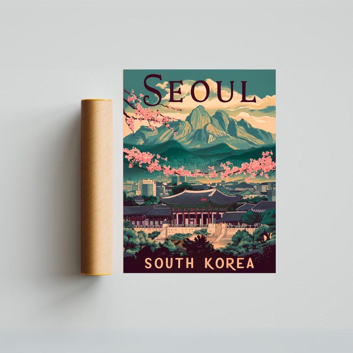 Seoul South Korea Palace Mountain Cherry Blossom Travel Poster - Image 4