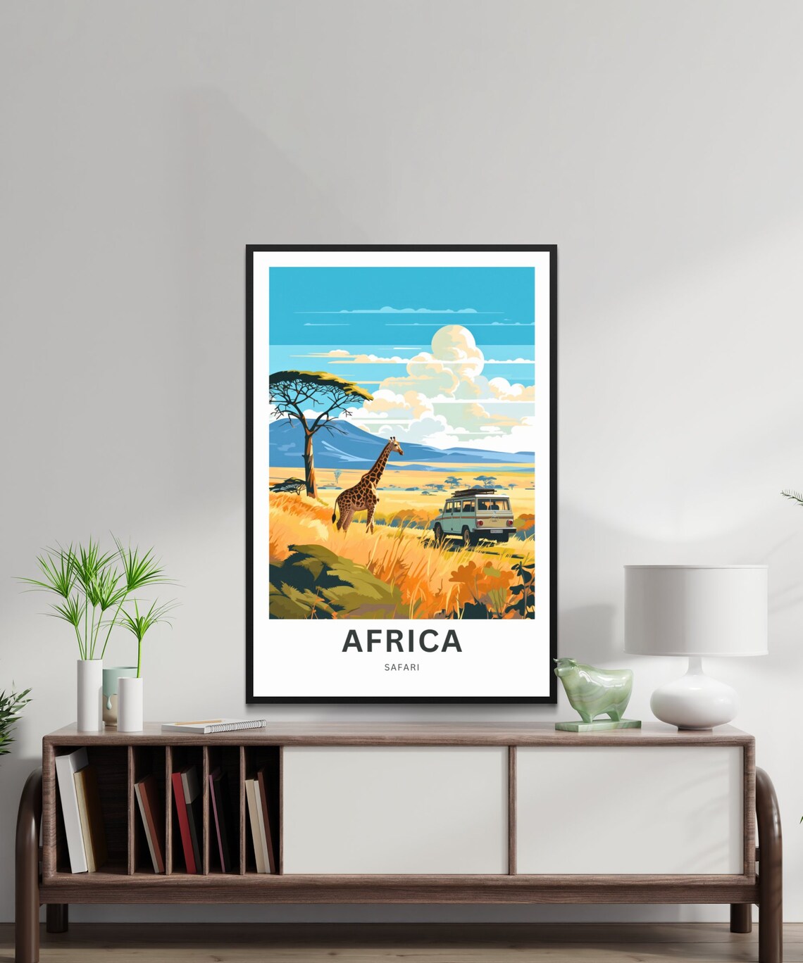 Africa Safari Poster with Giraffe and Jeep on the Golden Savanna - Image 2
