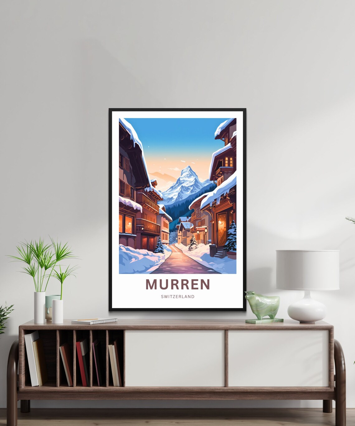 Murren Switzerland Dusk Snow Village Glowing Lights Travel Poster - Image 4